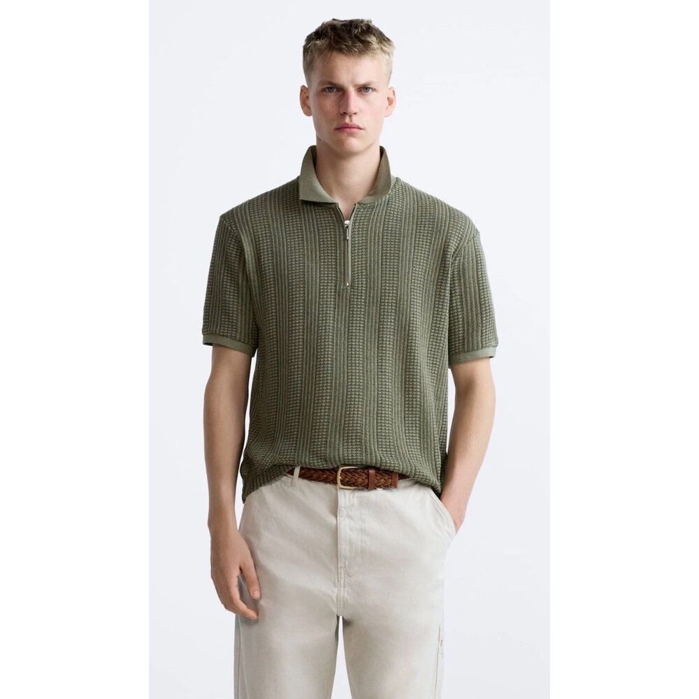 Zara Men's Khaki Green Textured Knit Quarter Zip Polo Shirt Sweater Size Medium